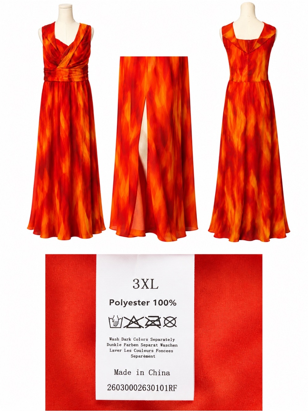 Vibrant Red-Orange Flame Print V-Neck Maxi Dress with Sash Waist